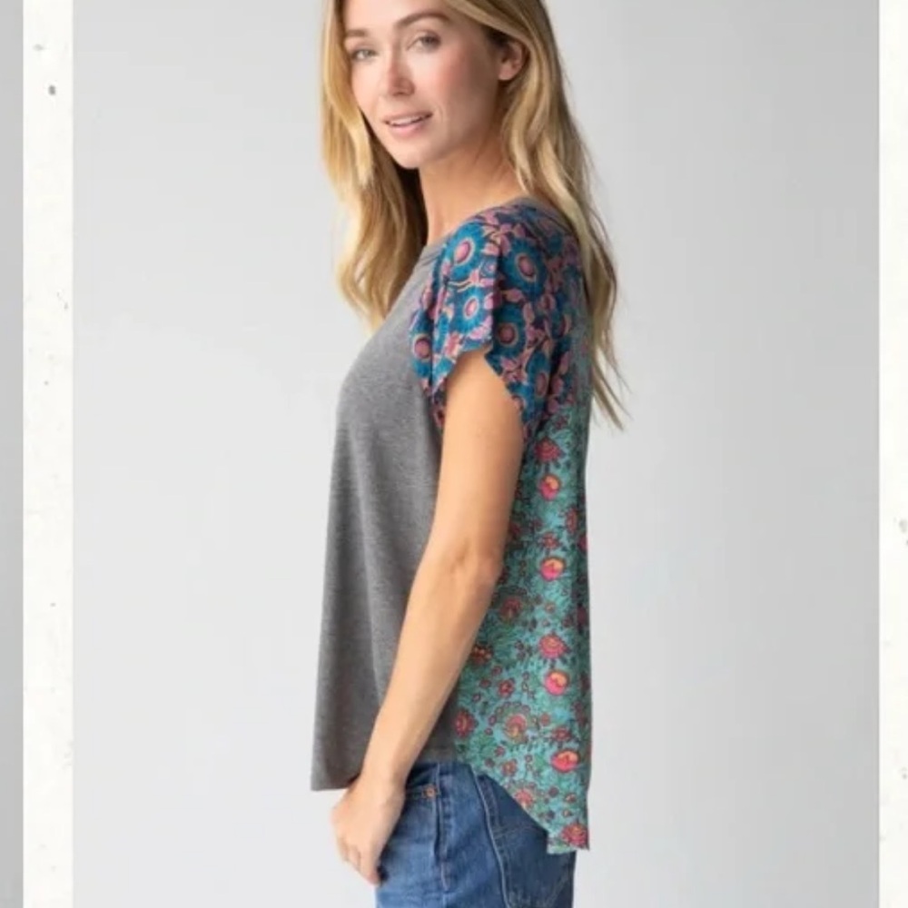 NATURAL LIFE Teal Floral Cap-Sleeve Blouse with Pink & Purple Accents - Picture 3 of 10